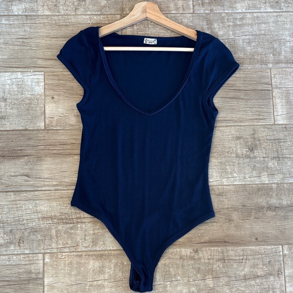 Free People Navy Blue V-Neck Bodysuit